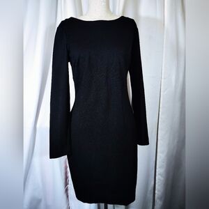 Banana Republic Sheath Dress, Long Sleeve, Midi, Black,  Gold Zipper, V-Back, 8